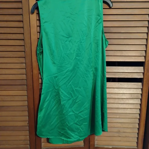 New York And Company Vibrant Green Ruffle, Sleeveless, Satin Blouse. - Picture 5 of 9